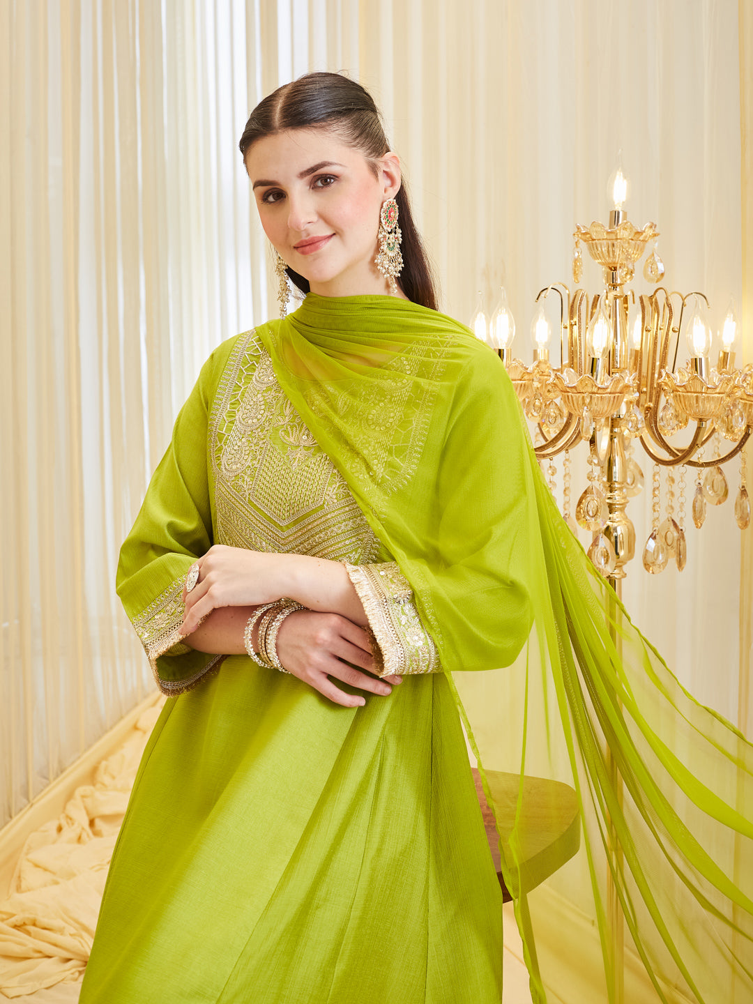 Women’s Neon Embroidered Kurta Palazzo With Dupatta set