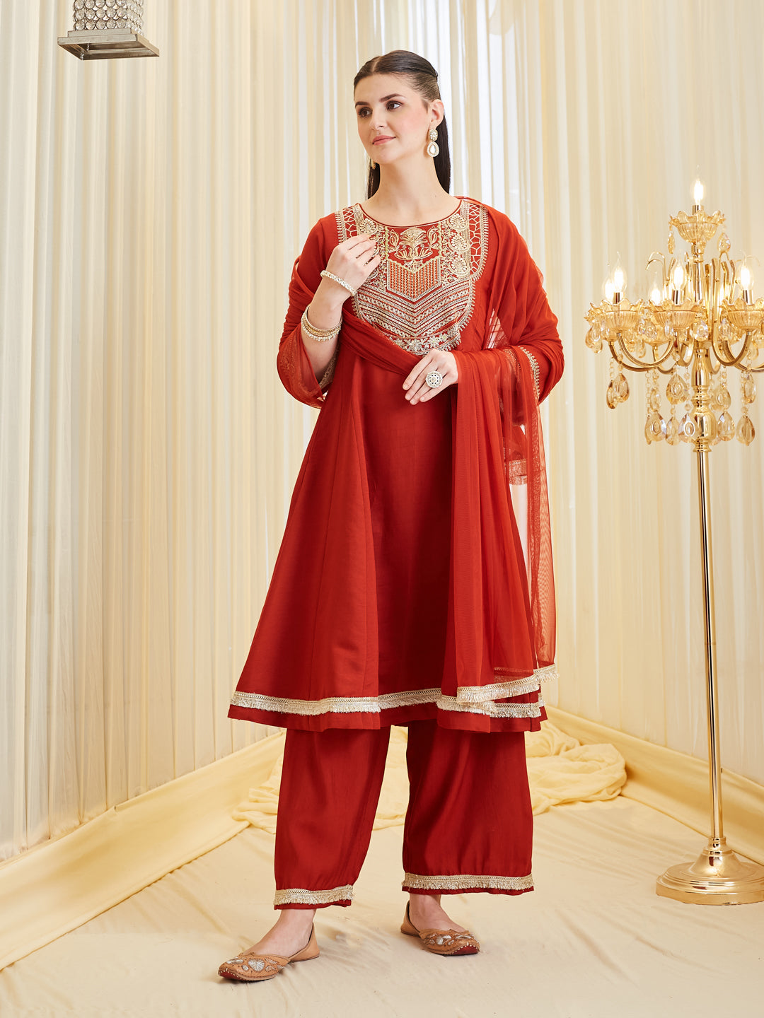 Rust Silk Embroidered Festive Anarkali Palazzo Set with Dupatta For Women