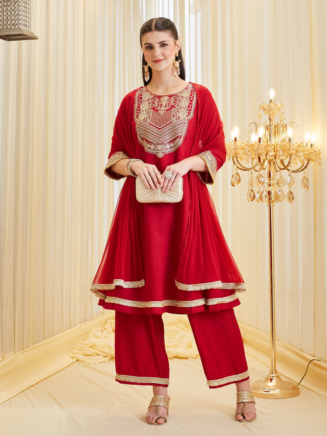 Red Silk Ethnic Kurta Set With Dupatta For Women