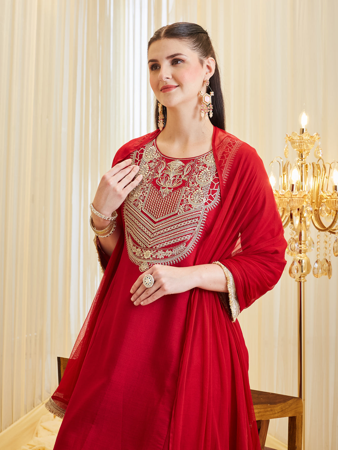 Red Silk Ethnic Kurta Set With Dupatta For Women