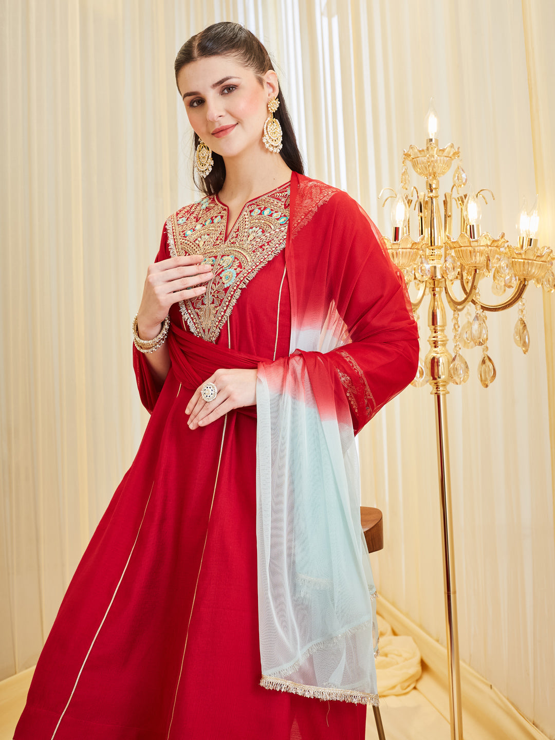 Red Silk Embroidered Anarkali Suit Set With Dupatta For Women