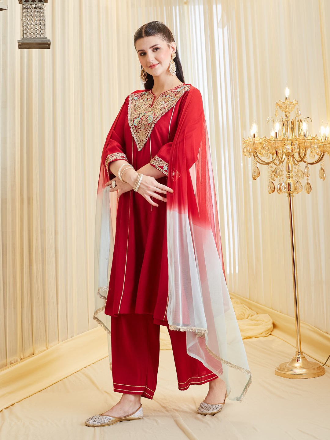 Red Silk Embroidered Anarkali Suit Set With Dupatta For Women