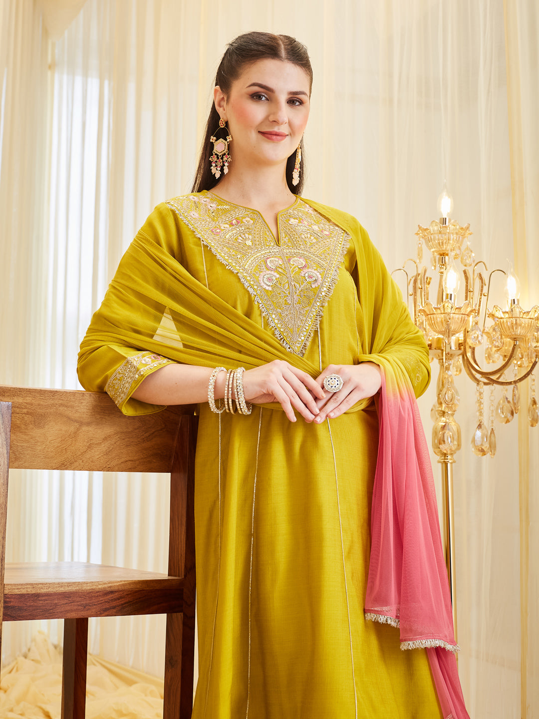 Premium Mustard Silk Embroidered Ethnic Anarkali Set With Dupatta For Women