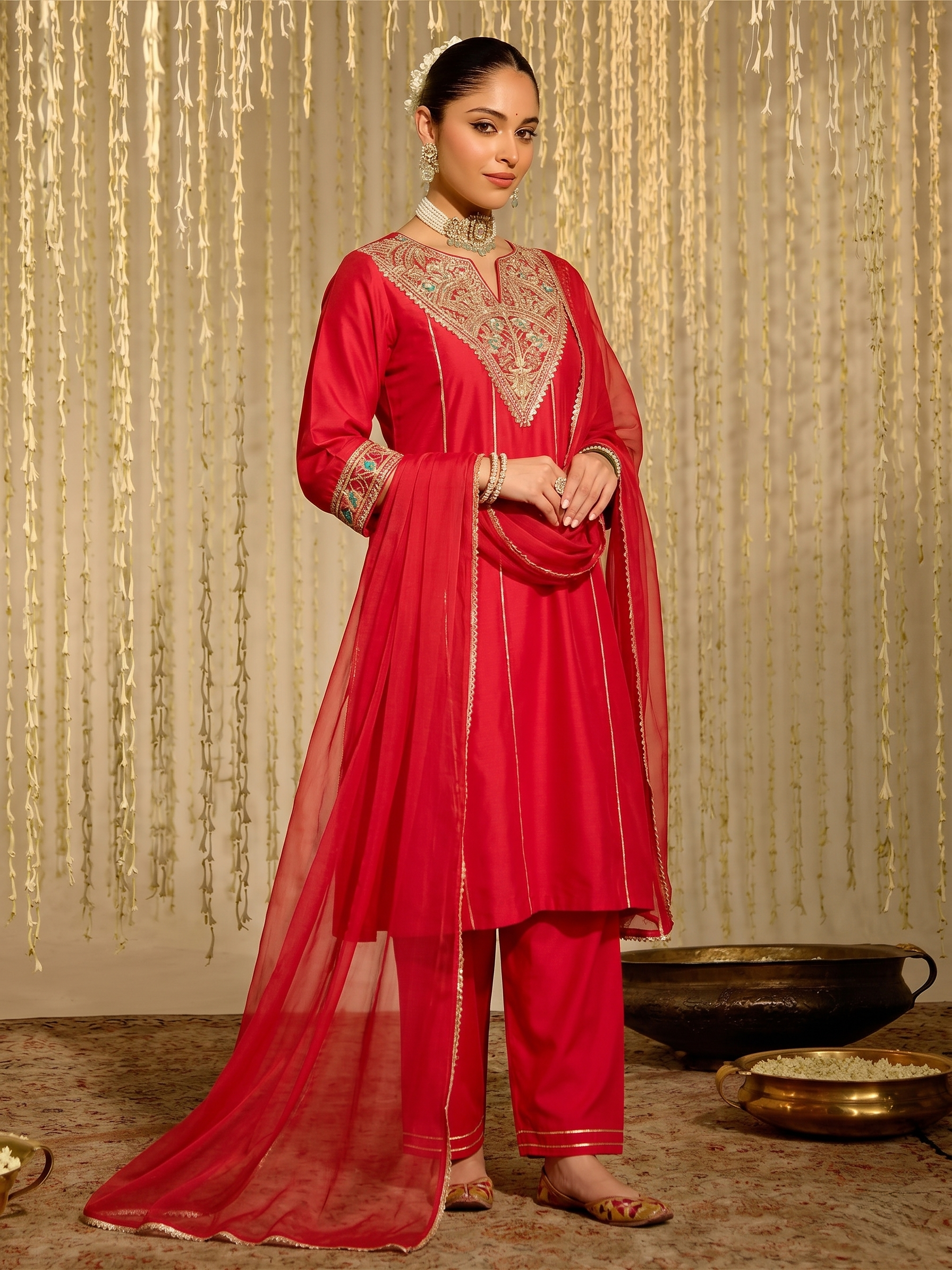 Traditional Rani Silk Embroidered Anarkali Suit Set With Dupatta For Women