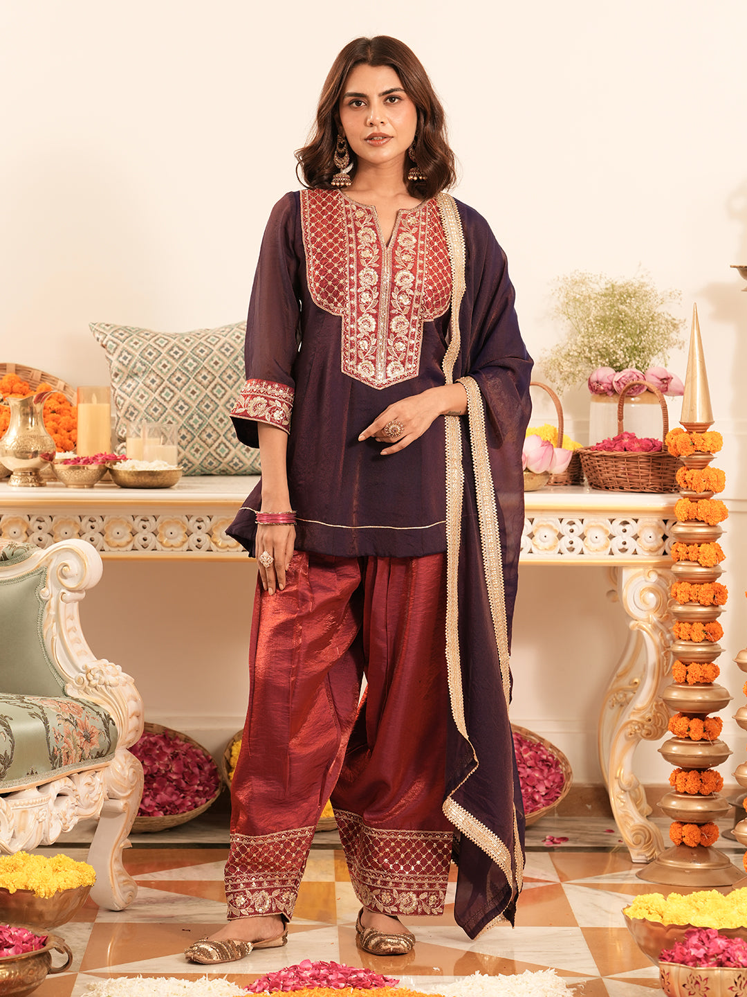 Violet Silk Embroidered Farshi Set with Dupatta