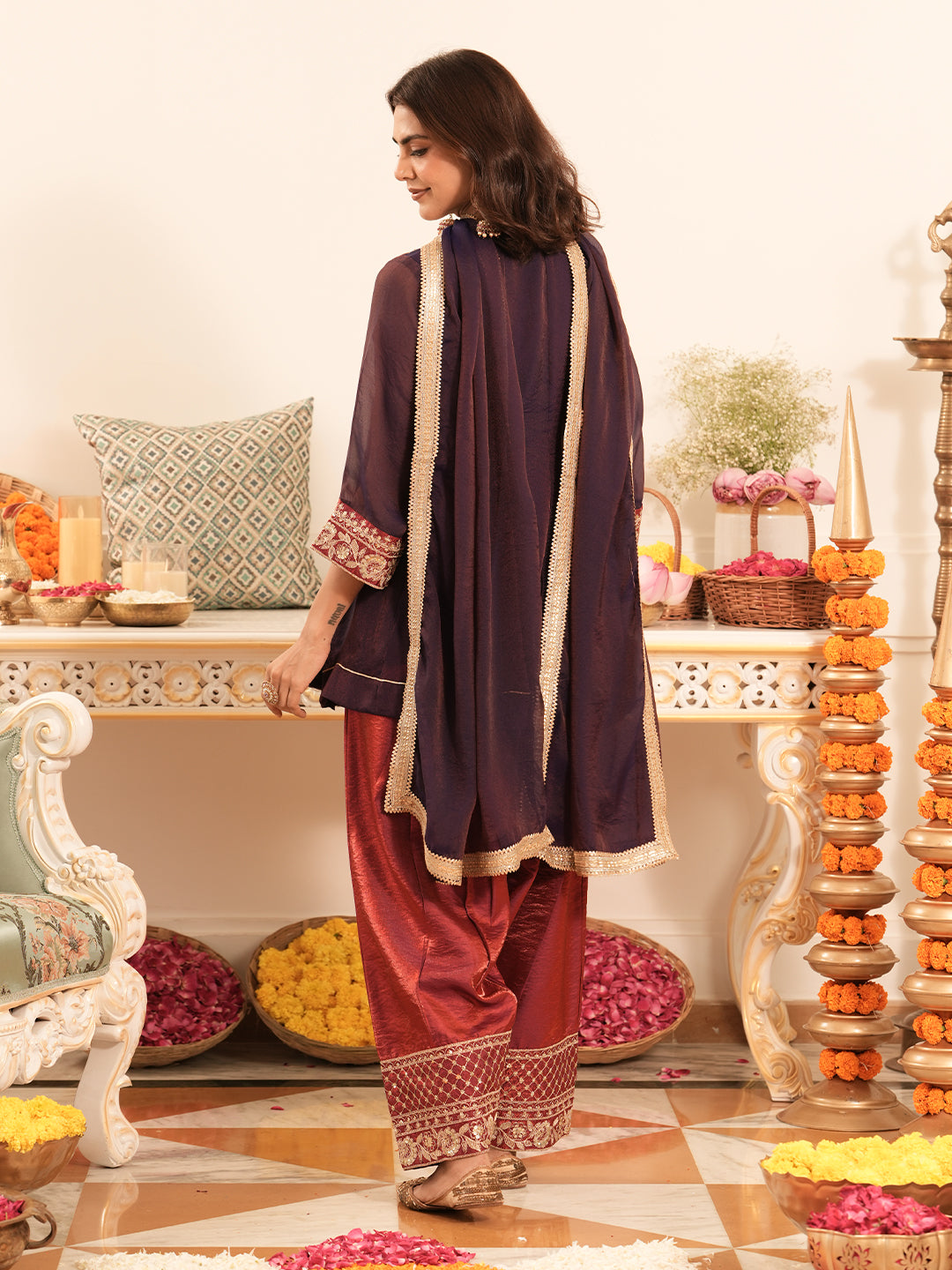 Violet Silk Embroidered Farshi Set with Dupatta