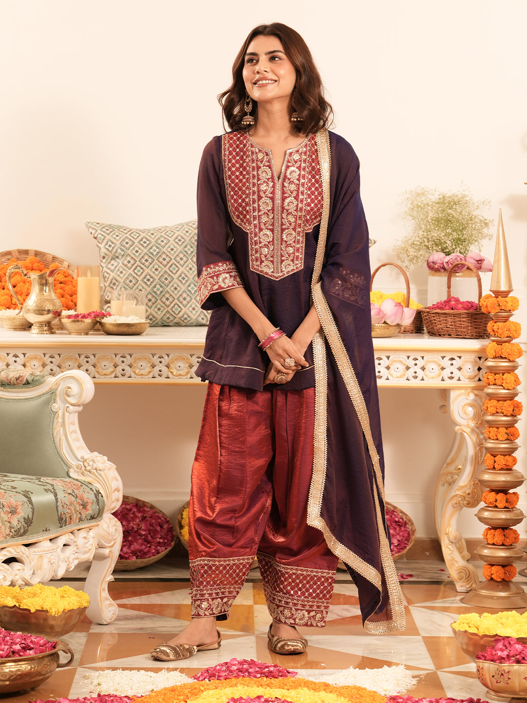 Violet Silk Embroidered Farshi Set with Dupatta