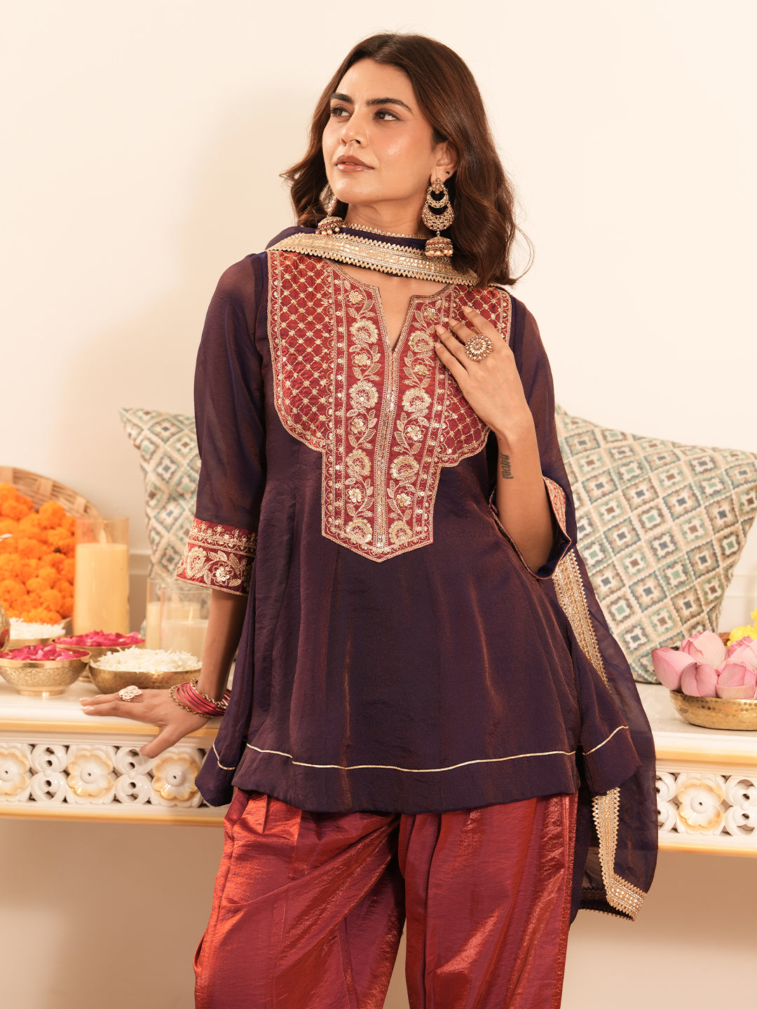 Violet Silk Embroidered Farshi Set with Dupatta