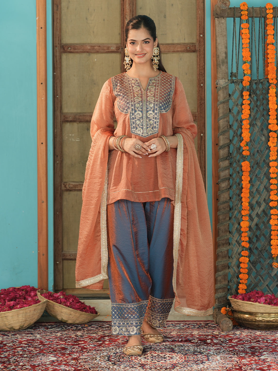 Women's Orange Silk Embroidered Farshi Suit Set