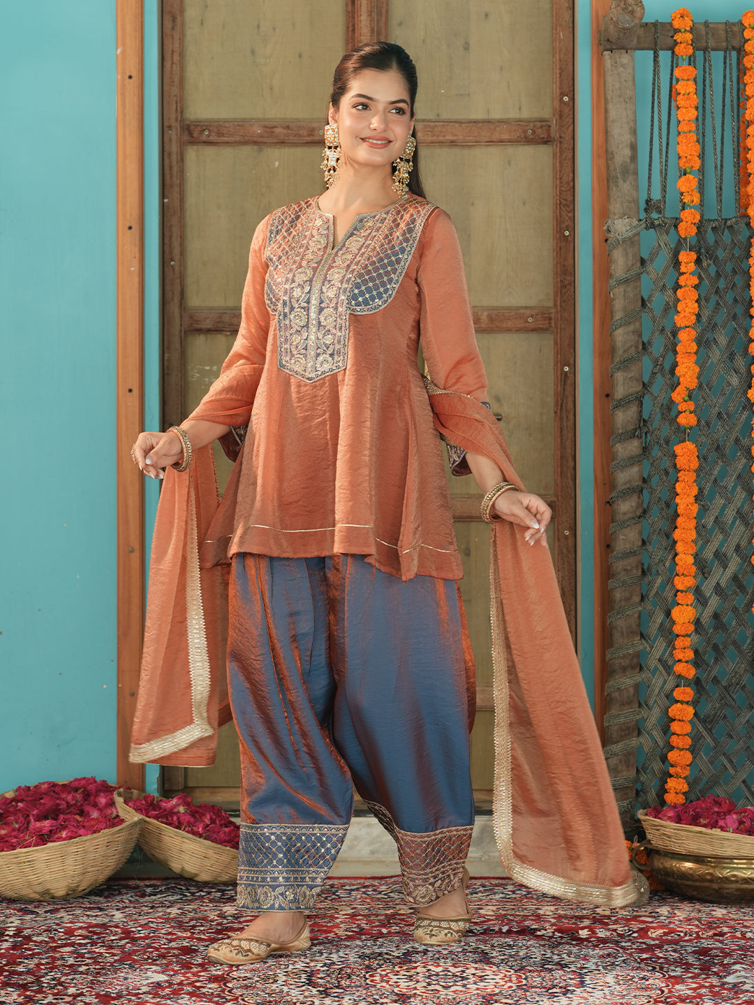 Women's Orange Silk Embroidered Farshi Suit Set