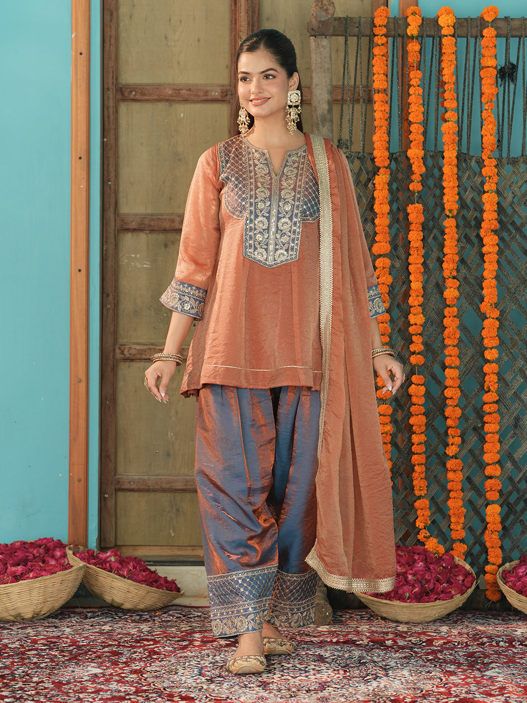 Women's Orange Silk Embroidered Farshi Suit Set