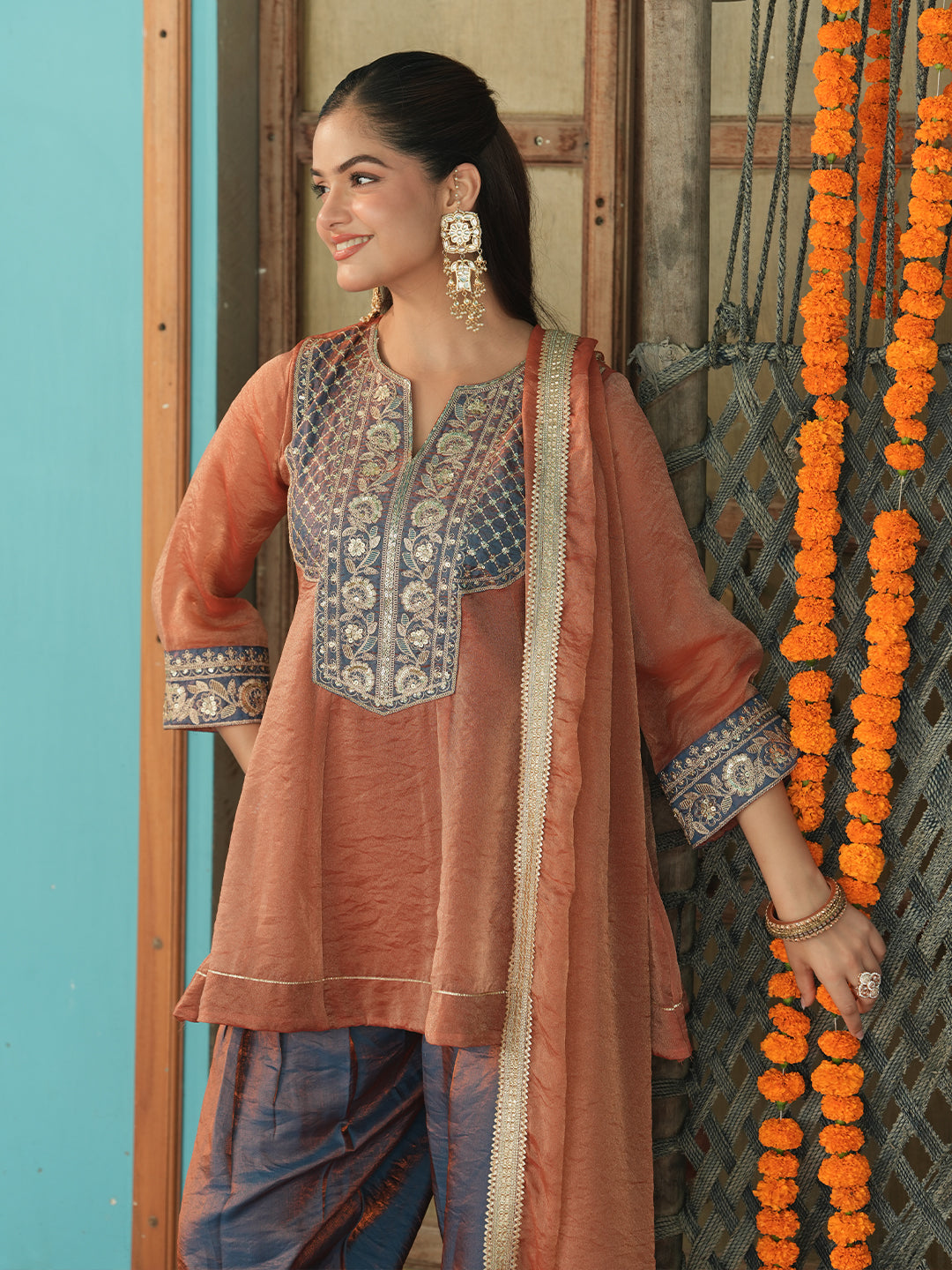 Women's Orange Silk Embroidered Farshi Suit Set