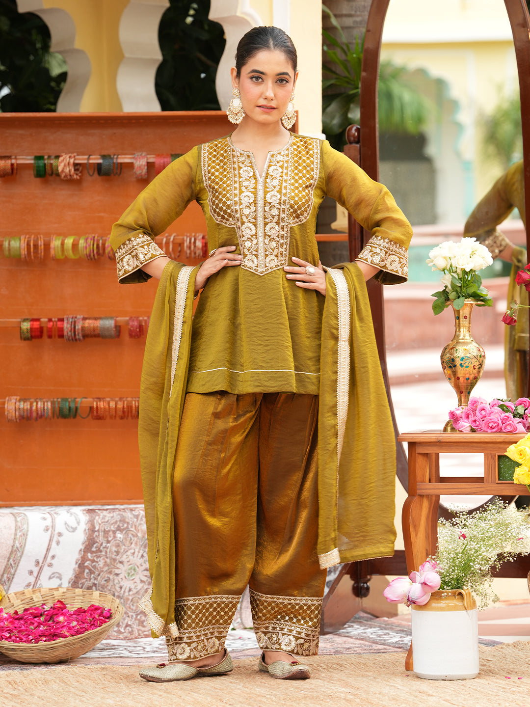 Green Silk Ethnic Suit Set with Palazzo & Dupatta