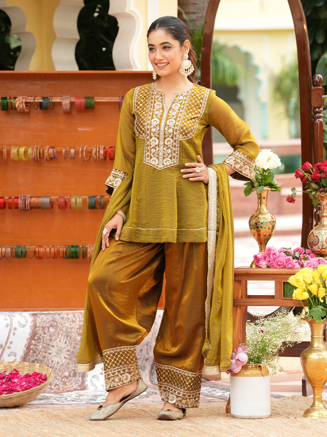 Green Silk Ethnic Suit Set with Palazzo & Dupatta