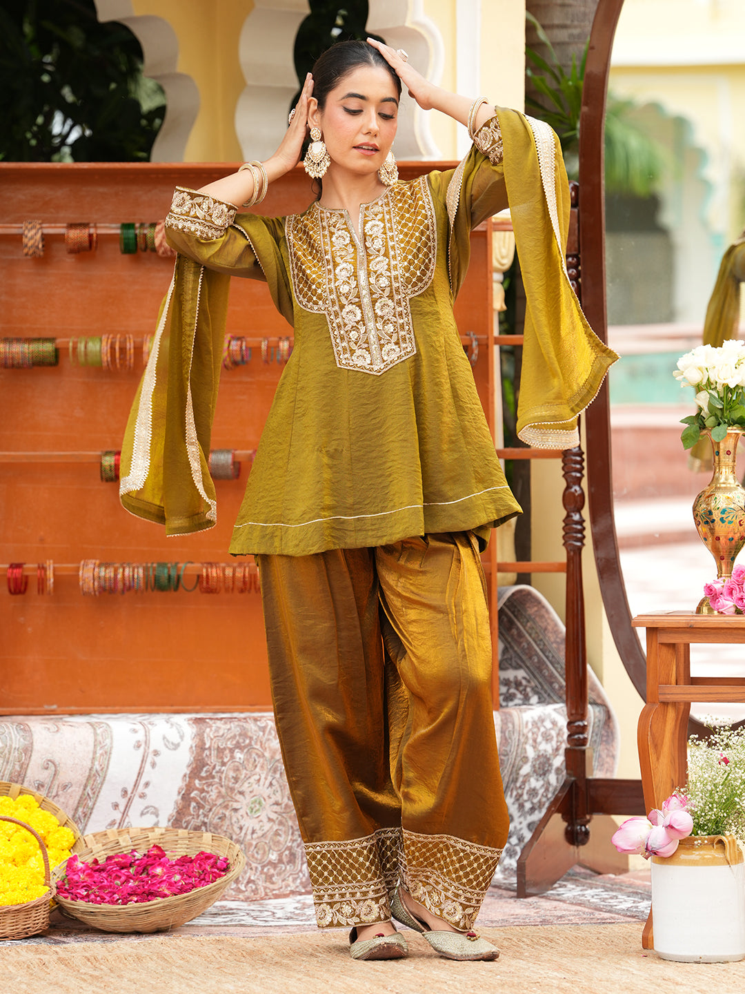 Green Silk Ethnic Suit Set with Palazzo & Dupatta