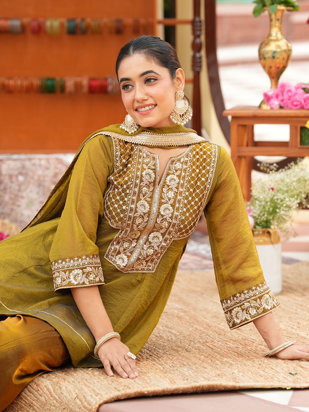 Green Silk Ethnic Suit Set with Palazzo & Dupatta