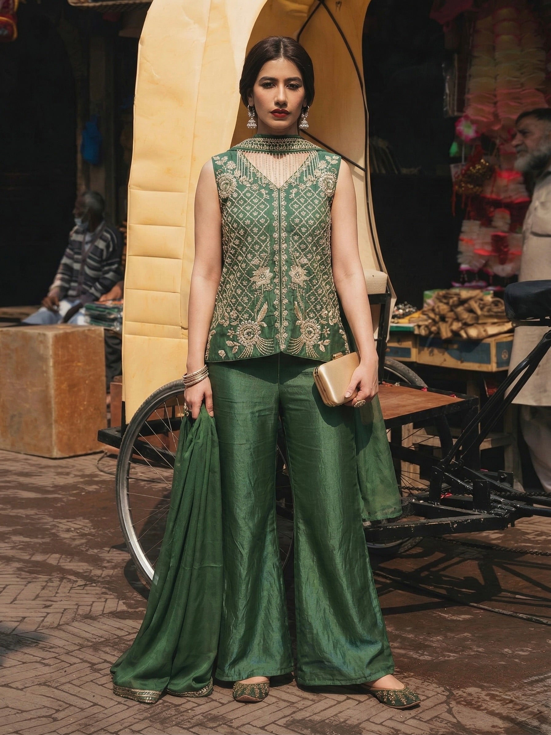 Green Silk Indo-Western Embroidered Top with Pants & Dupatta Set