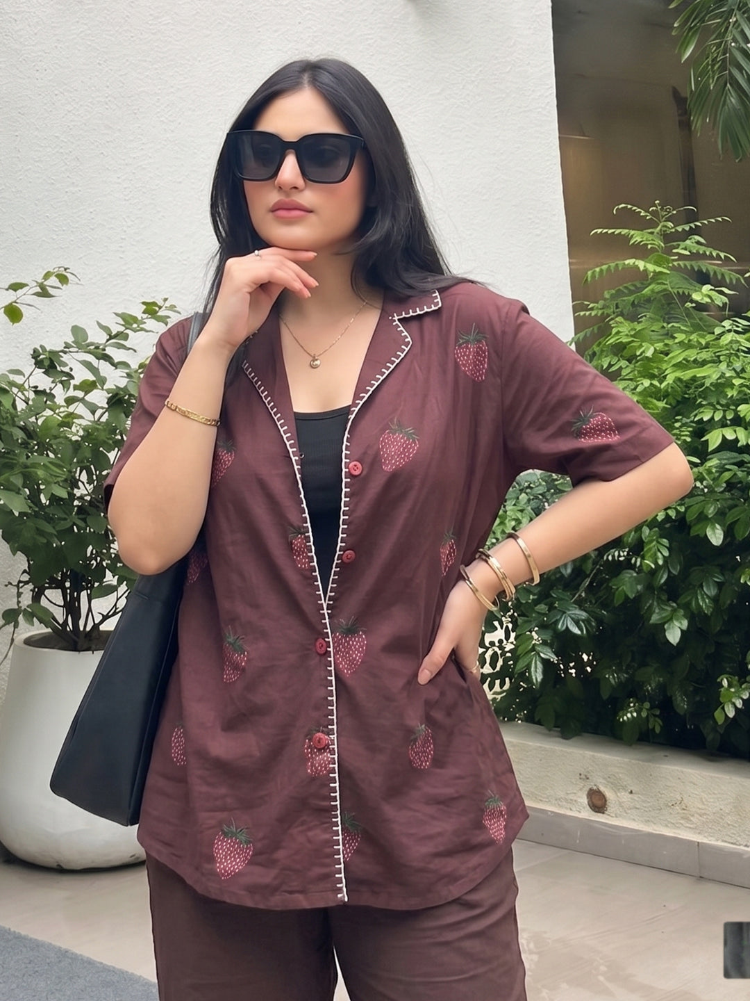 Coffee Cotton Printed Summer Shirt with Short Sleeves For Women