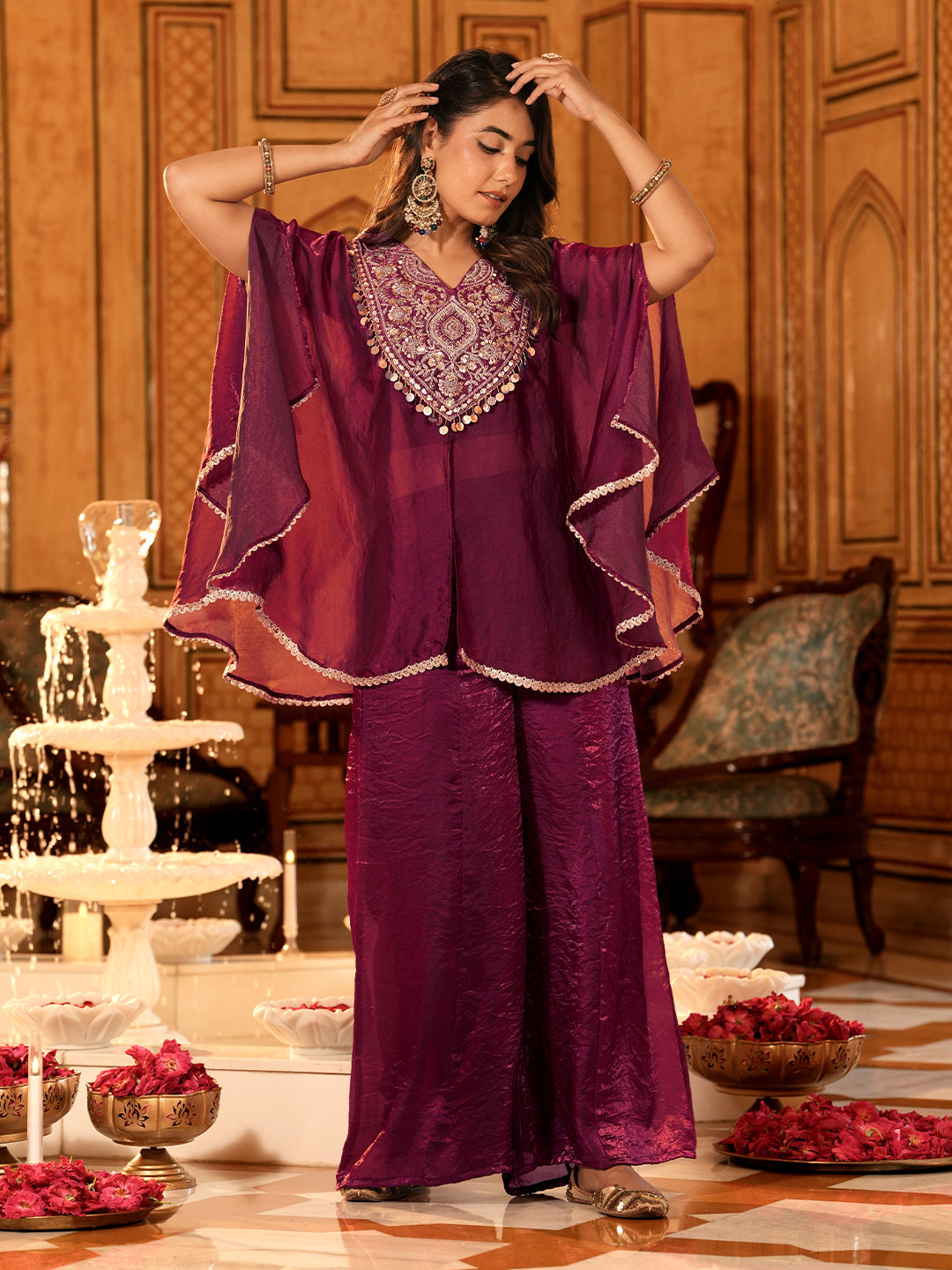 Berry Silk Embroidered Kaftan Palazzo Set For Women