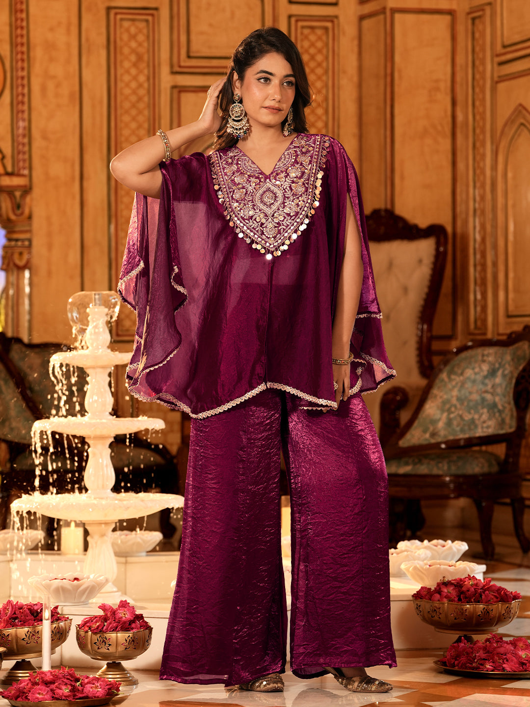 Berry Silk Embroidered Kaftan Palazzo Set For Women