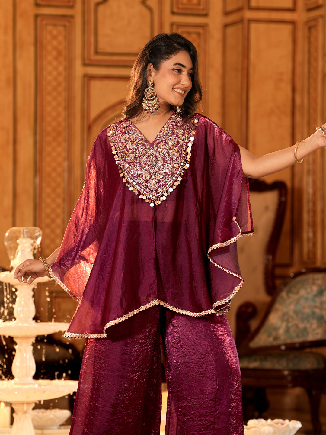 Berry Silk Embroidered Kaftan Palazzo Set For Women