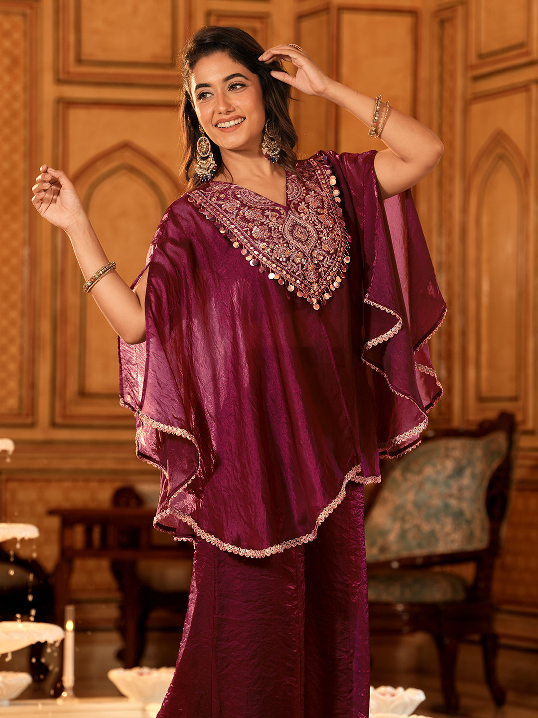 Berry Silk Embroidered Kaftan Palazzo Set For Women