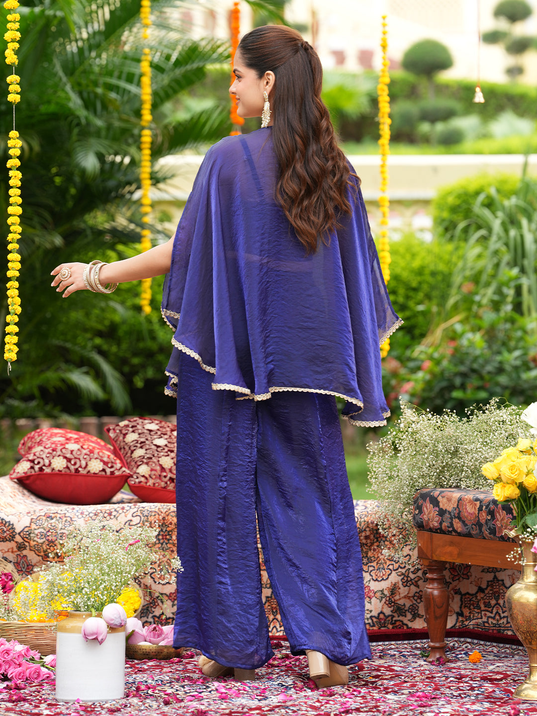 Women’s Royal Blue Silk Embroidered Kaftan Set