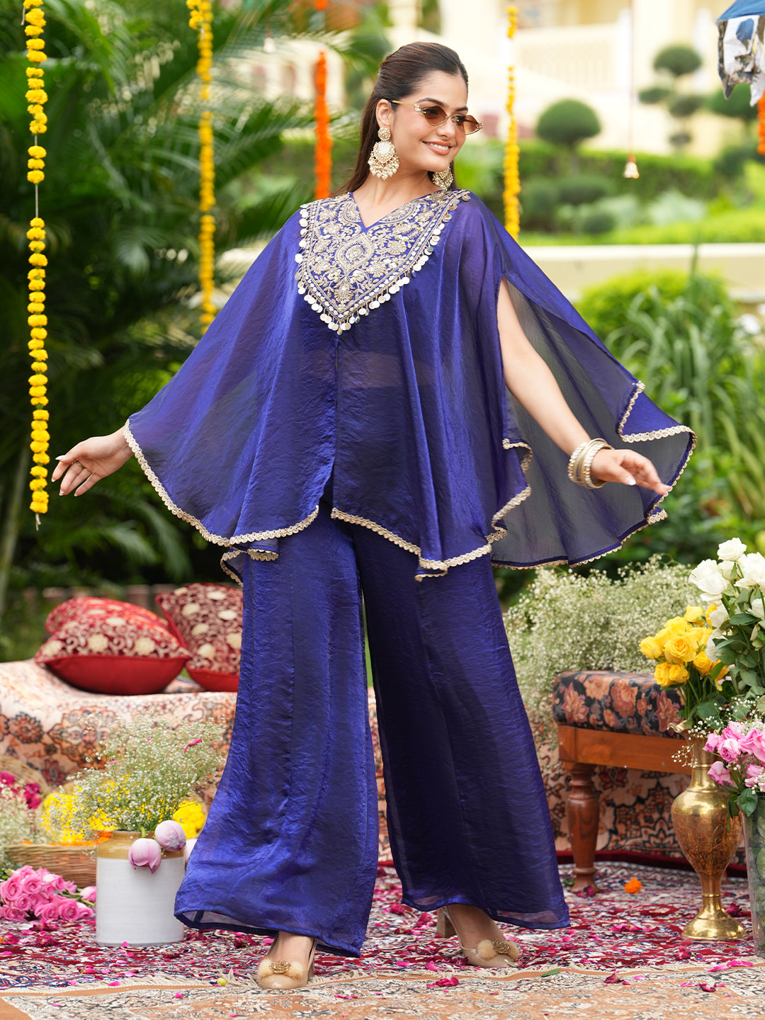 Women’s Royal Blue Silk Embroidered Kaftan Set