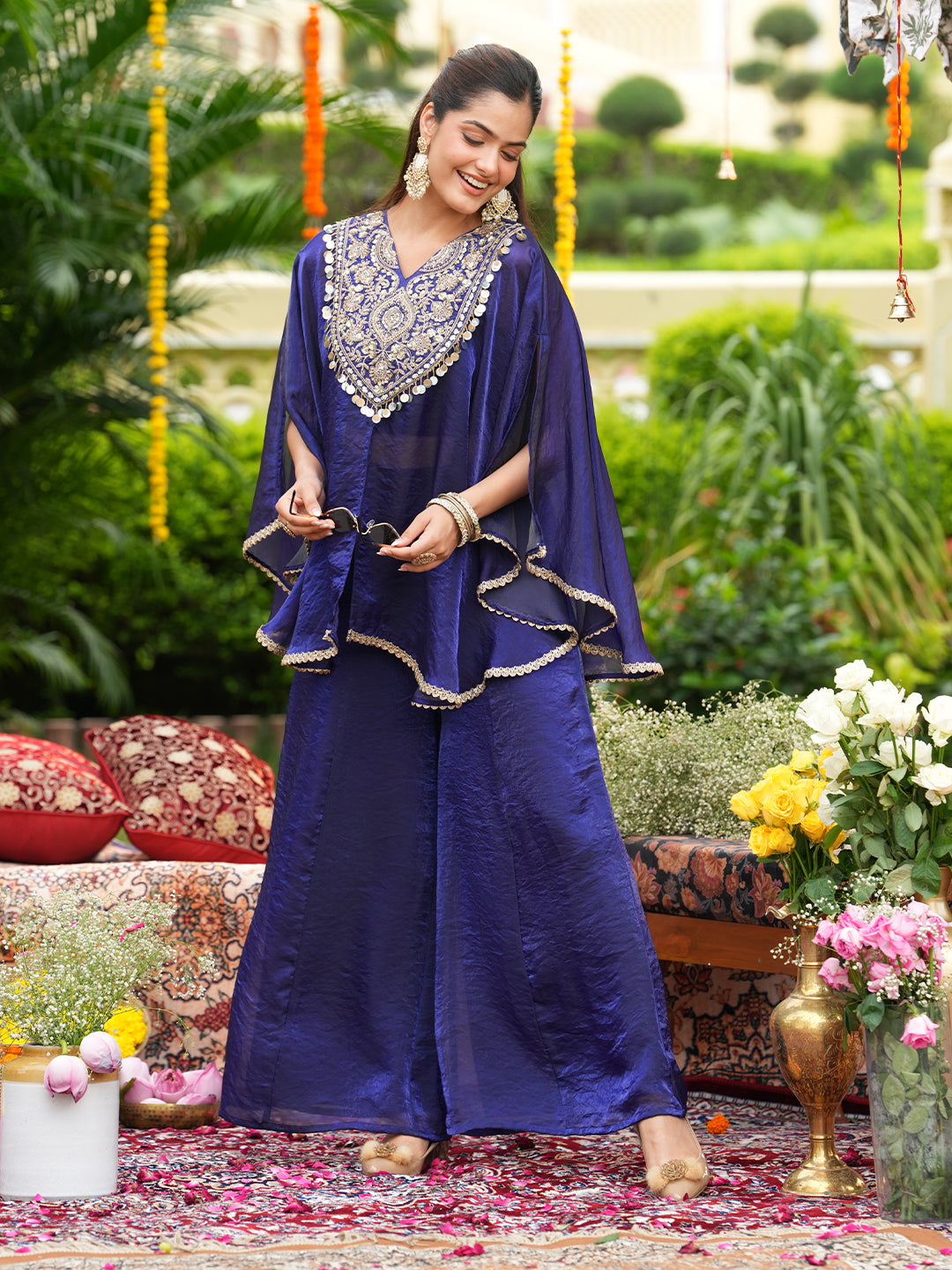 Women’s Royal Blue Silk Embroidered Kaftan Set