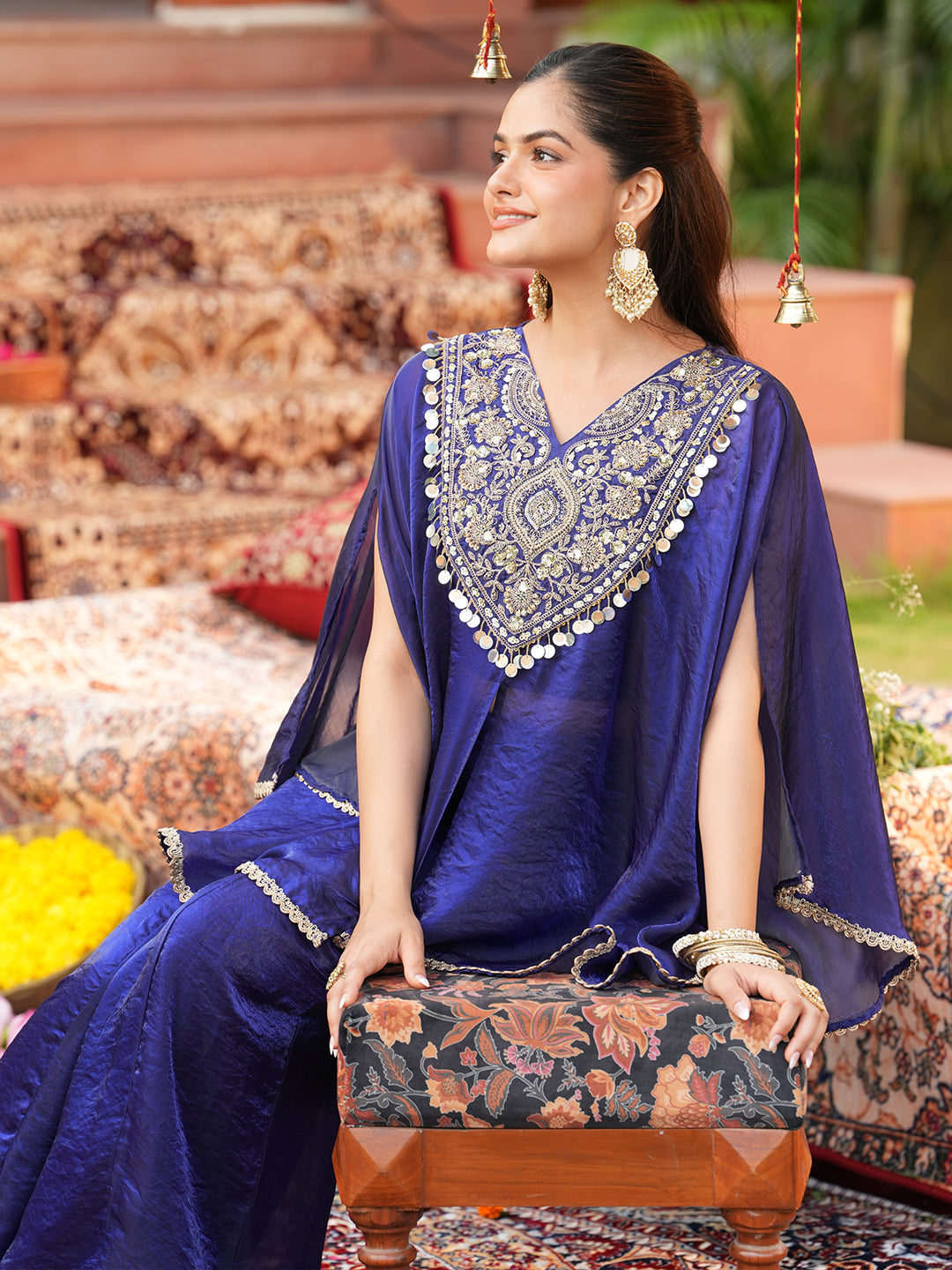 Women’s Royal Blue Silk Embroidered Kaftan Set