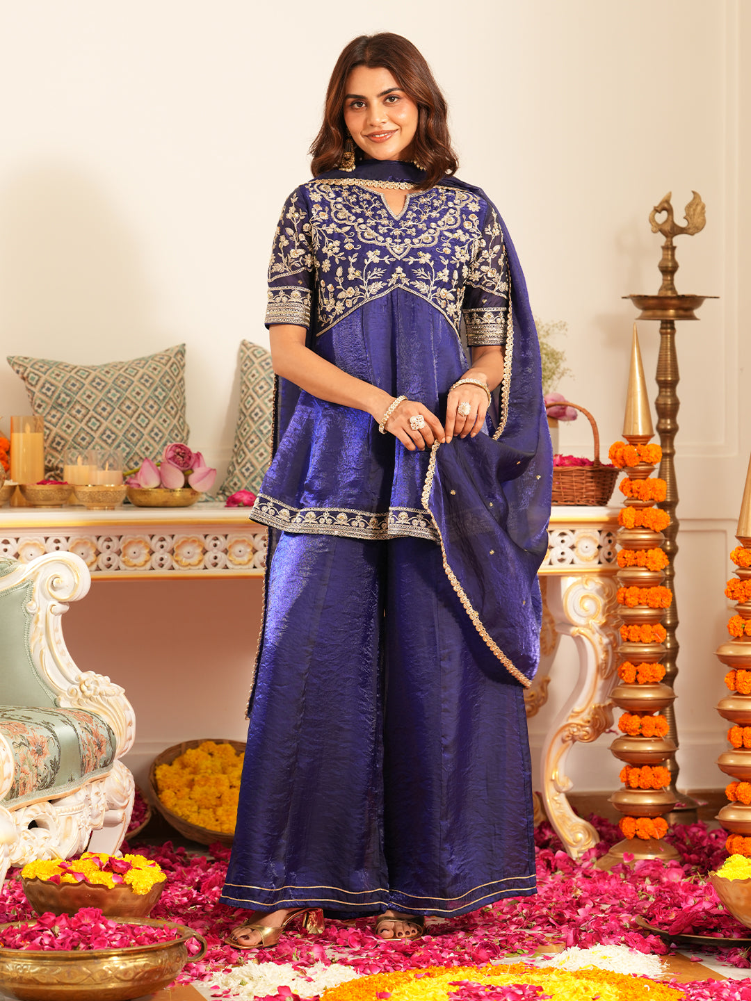 Women’s Royal Blue Silk Embroidered Sharara Set