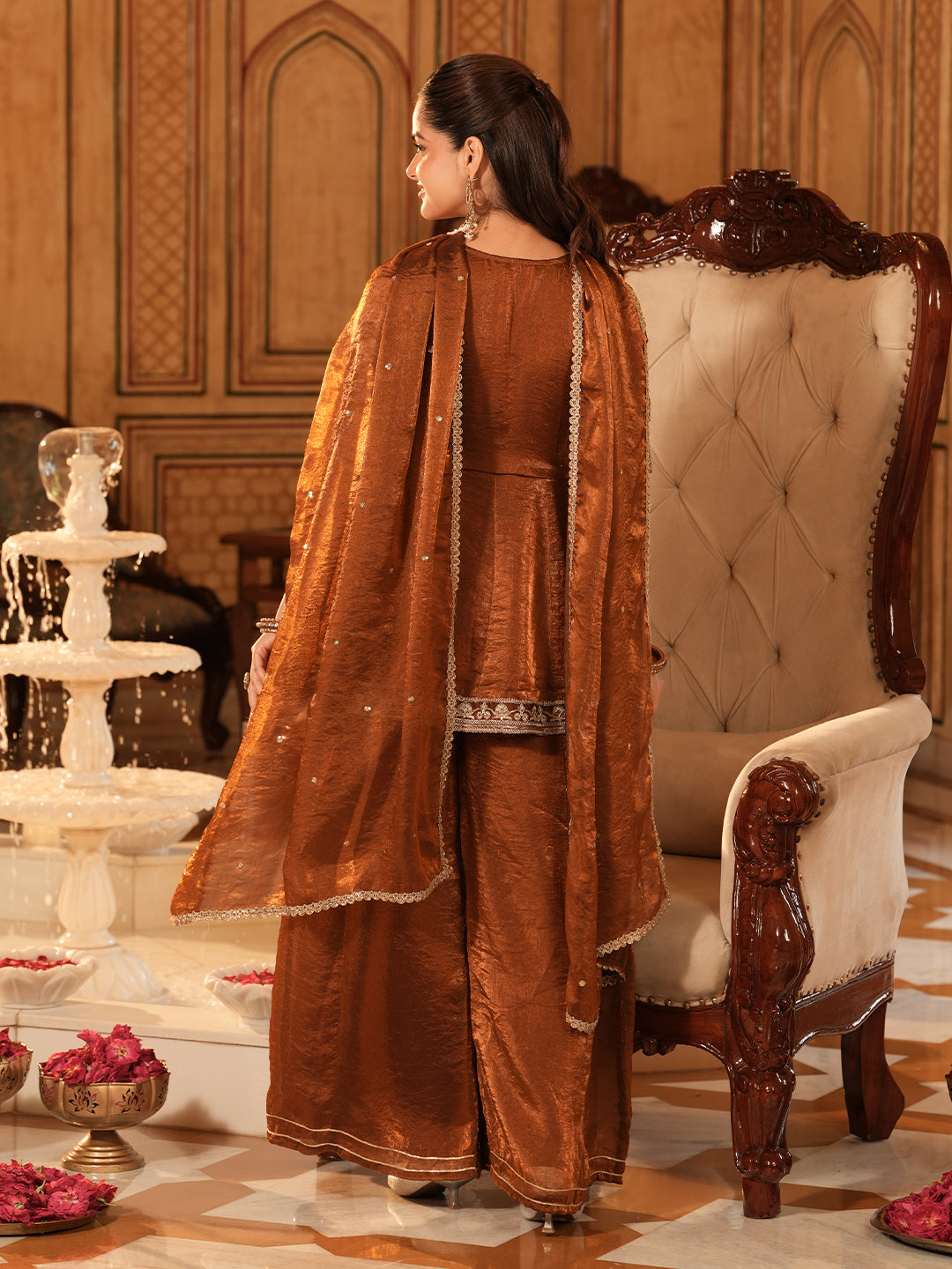 Rust Silk Embroidered Sharara Suit Set