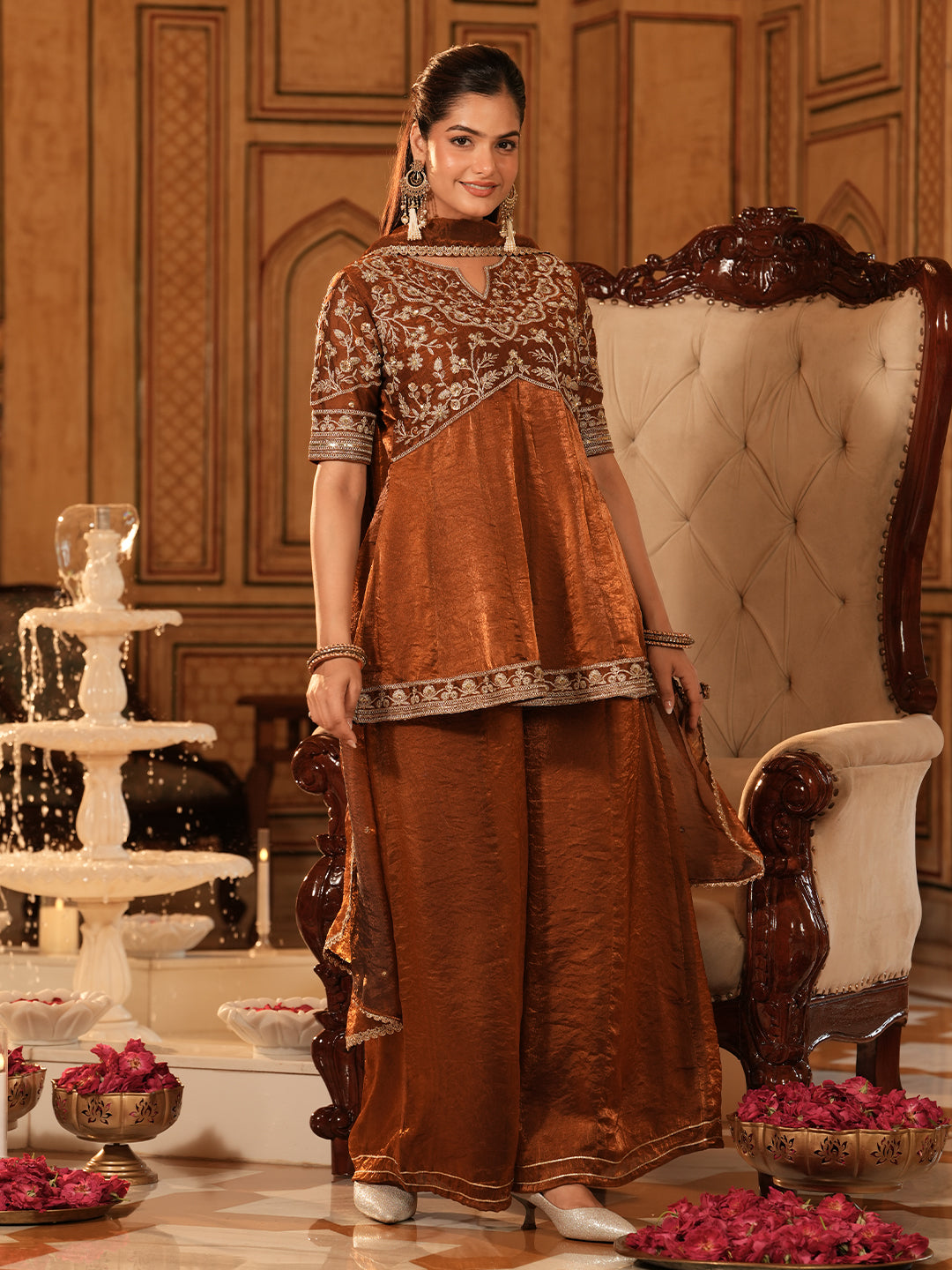 Rust Silk Embroidered Sharara Suit Set