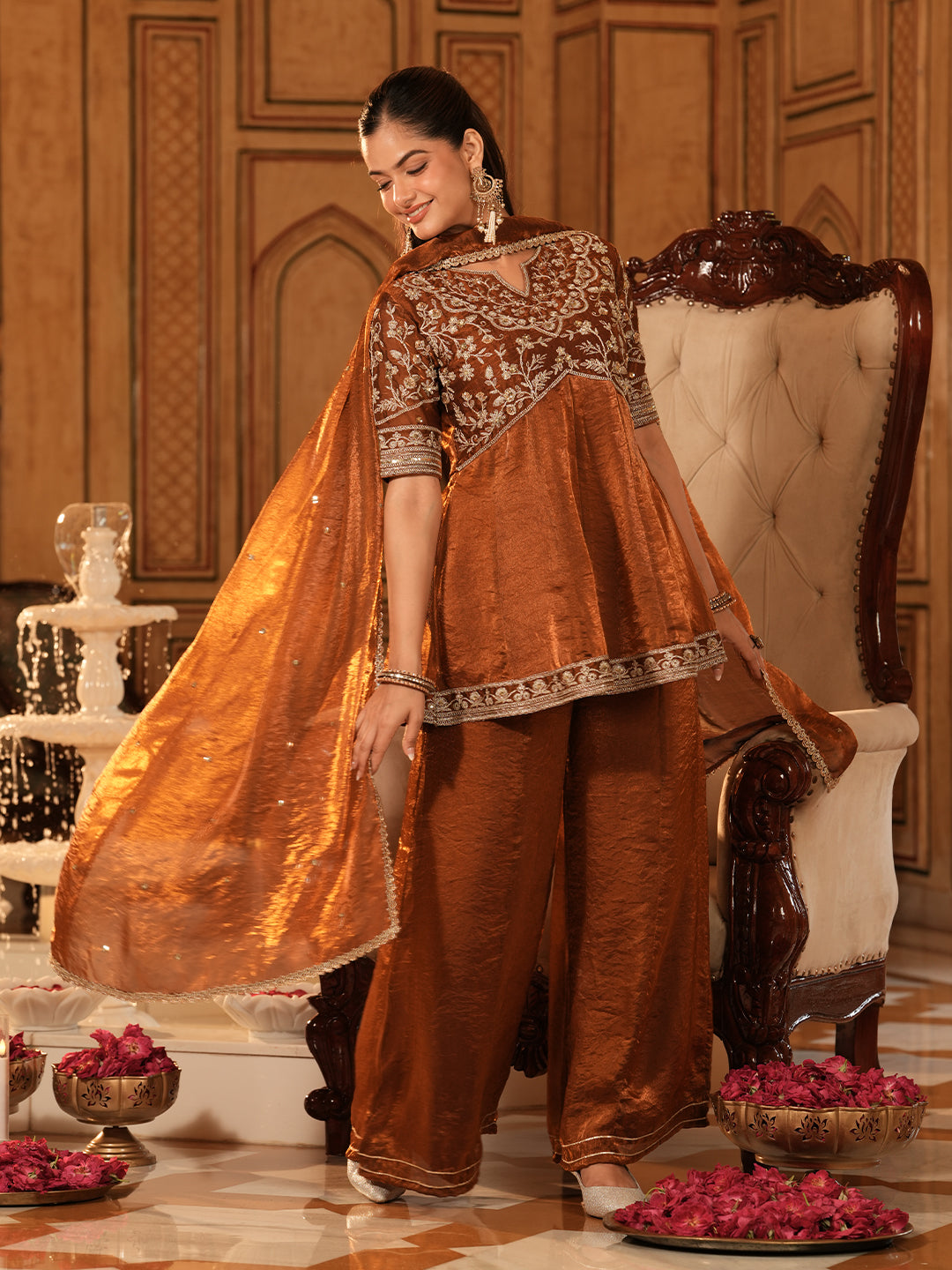 Rust Silk Embroidered Sharara Suit Set