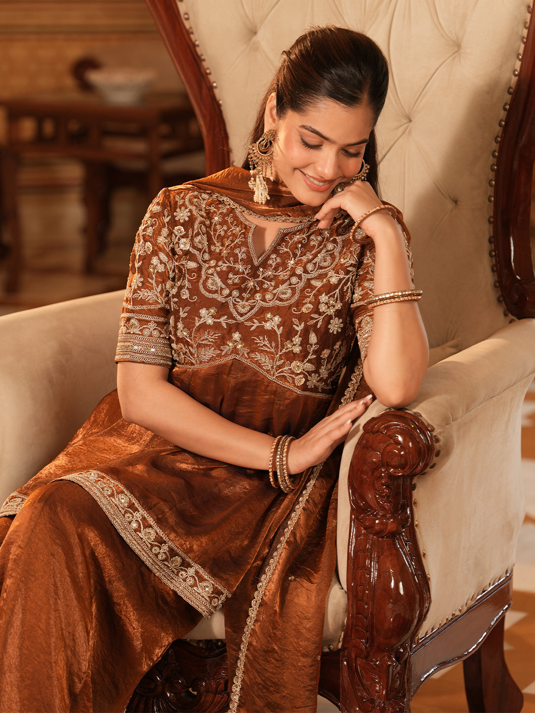 Rust Silk Embroidered Sharara Suit Set