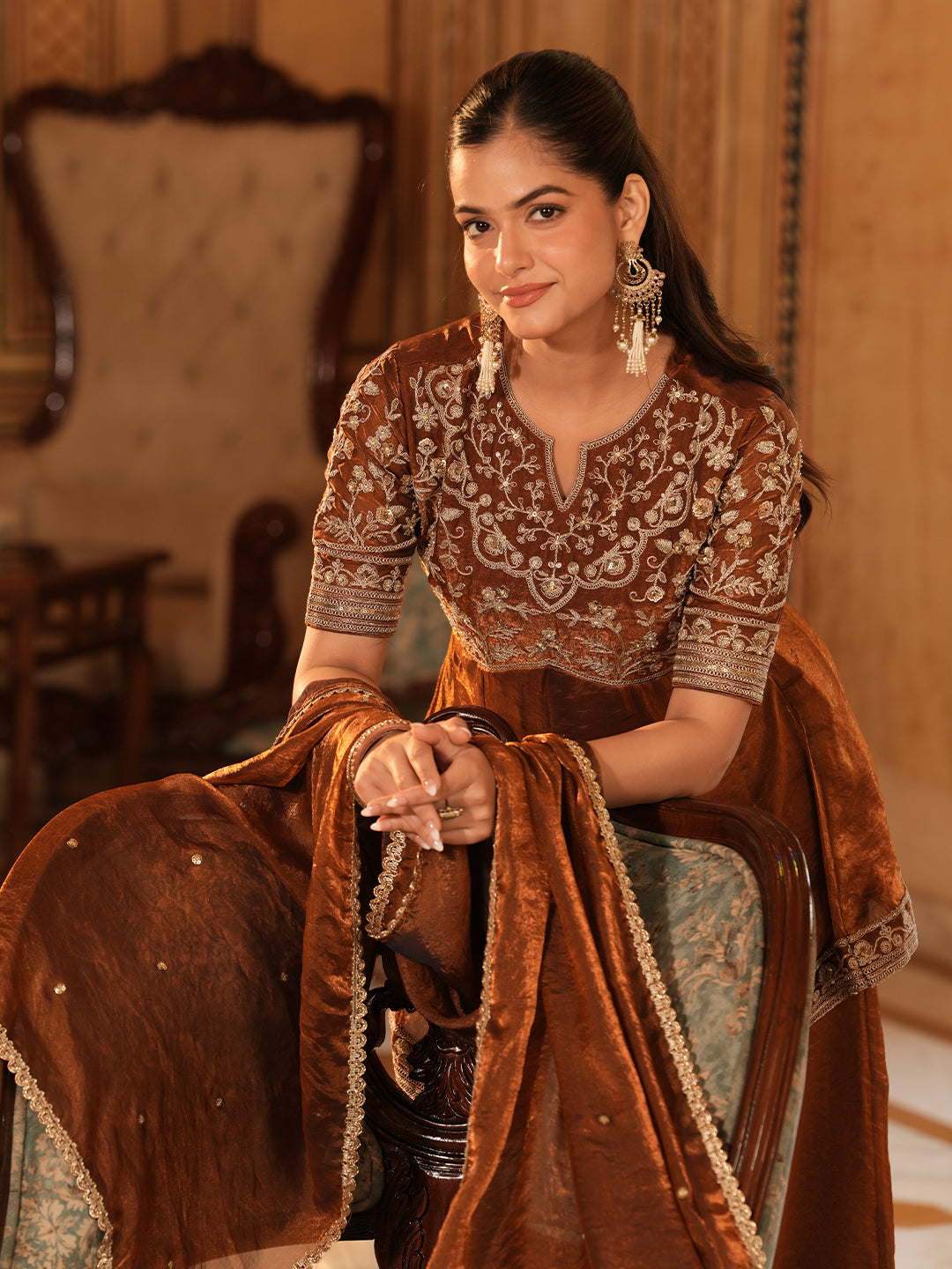 Rust Silk Embroidered Sharara Suit Set