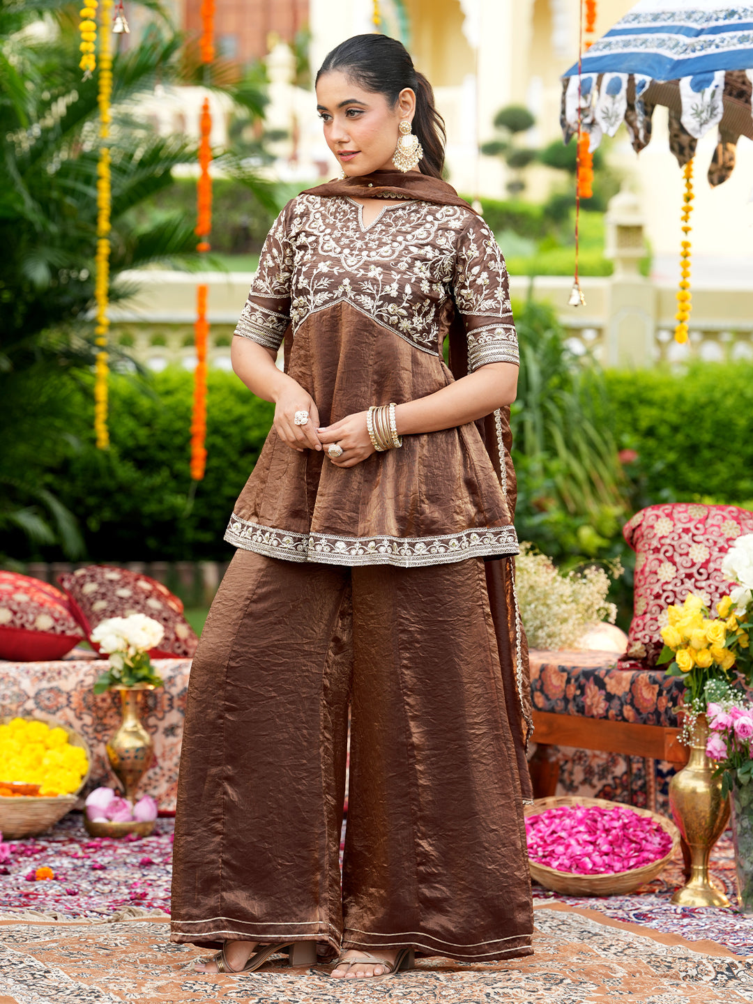Brown Silk Embroidered Ethnic Sharara Set