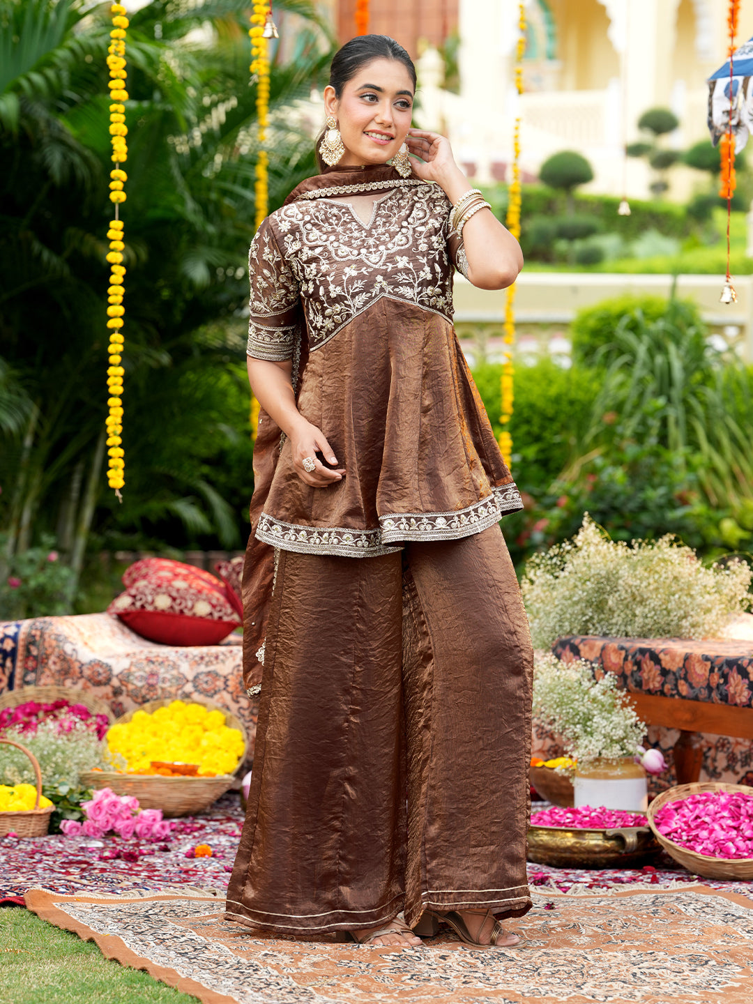 Brown Silk Embroidered Ethnic Sharara Set