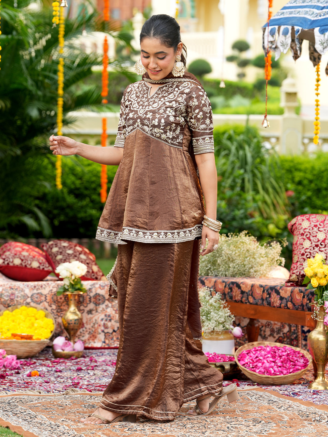 Brown Silk Embroidered Ethnic Sharara Set