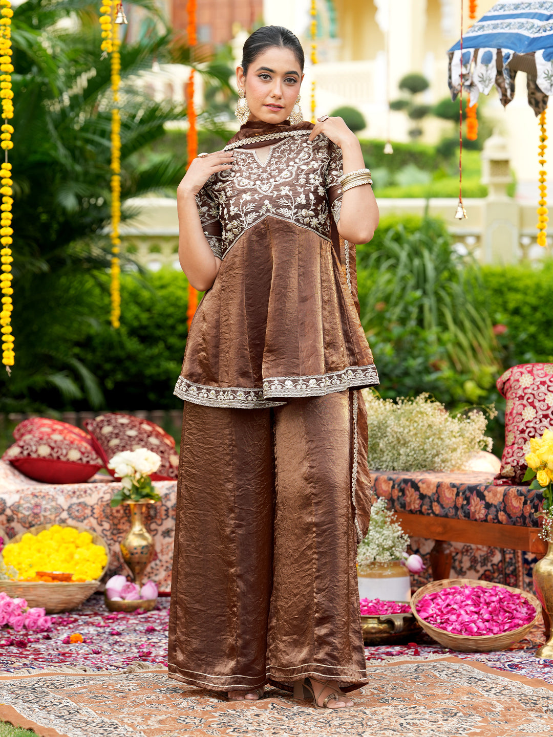 Brown Silk Embroidered Ethnic Sharara Set