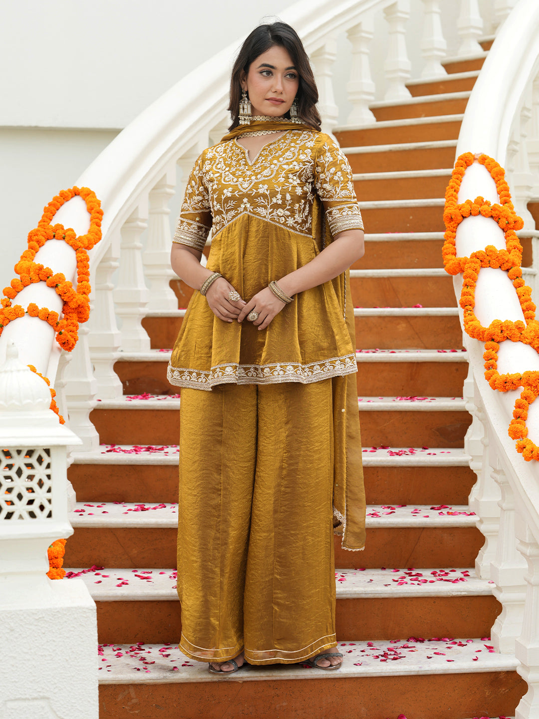 Women’s Golden Silk Embroidered Sharara Kurta Set