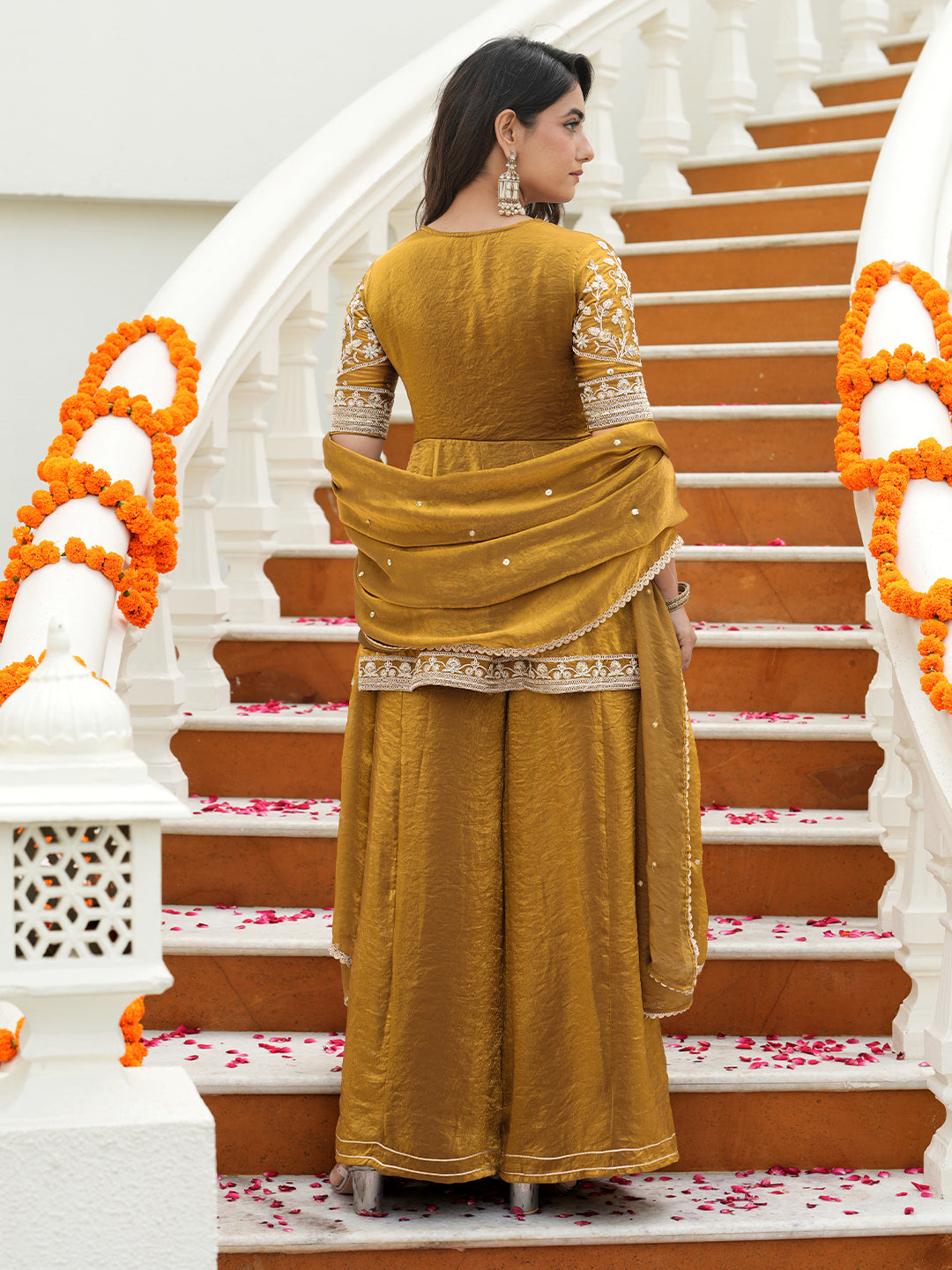 Women’s Golden Silk Embroidered Sharara Kurta Set