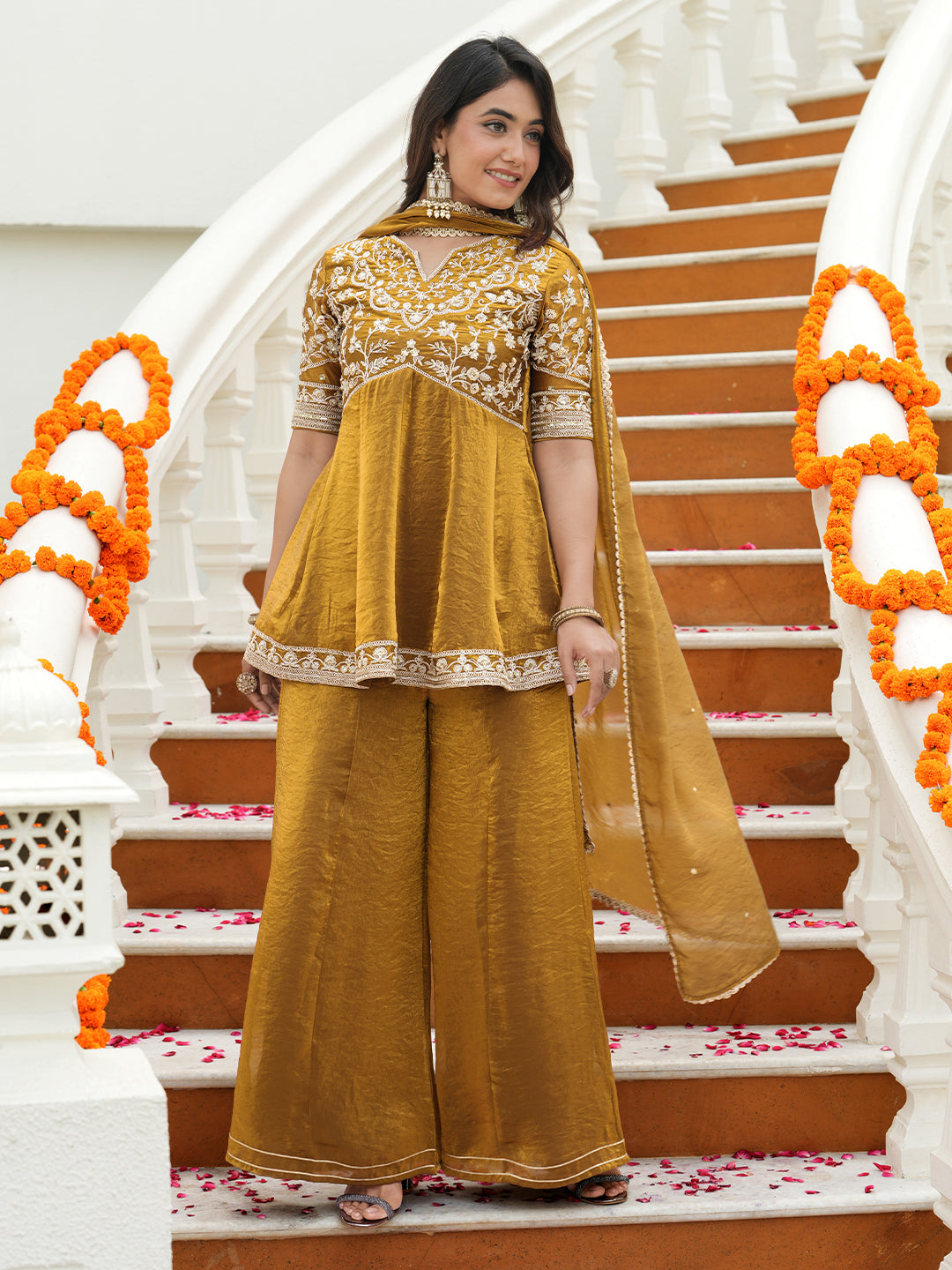 Women’s Golden Silk Embroidered Sharara Kurta Set