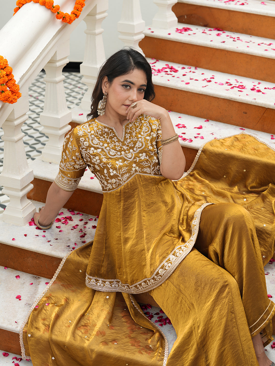 Women’s Golden Silk Embroidered Sharara Kurta Set