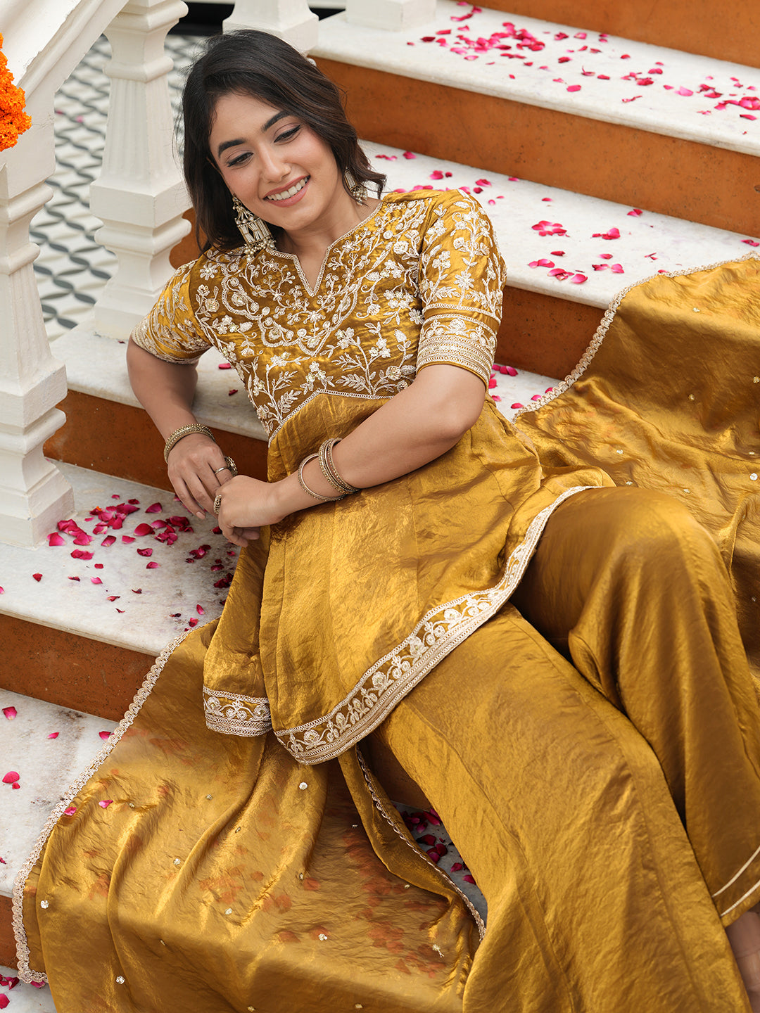 Women’s Golden Silk Embroidered Sharara Kurta Set