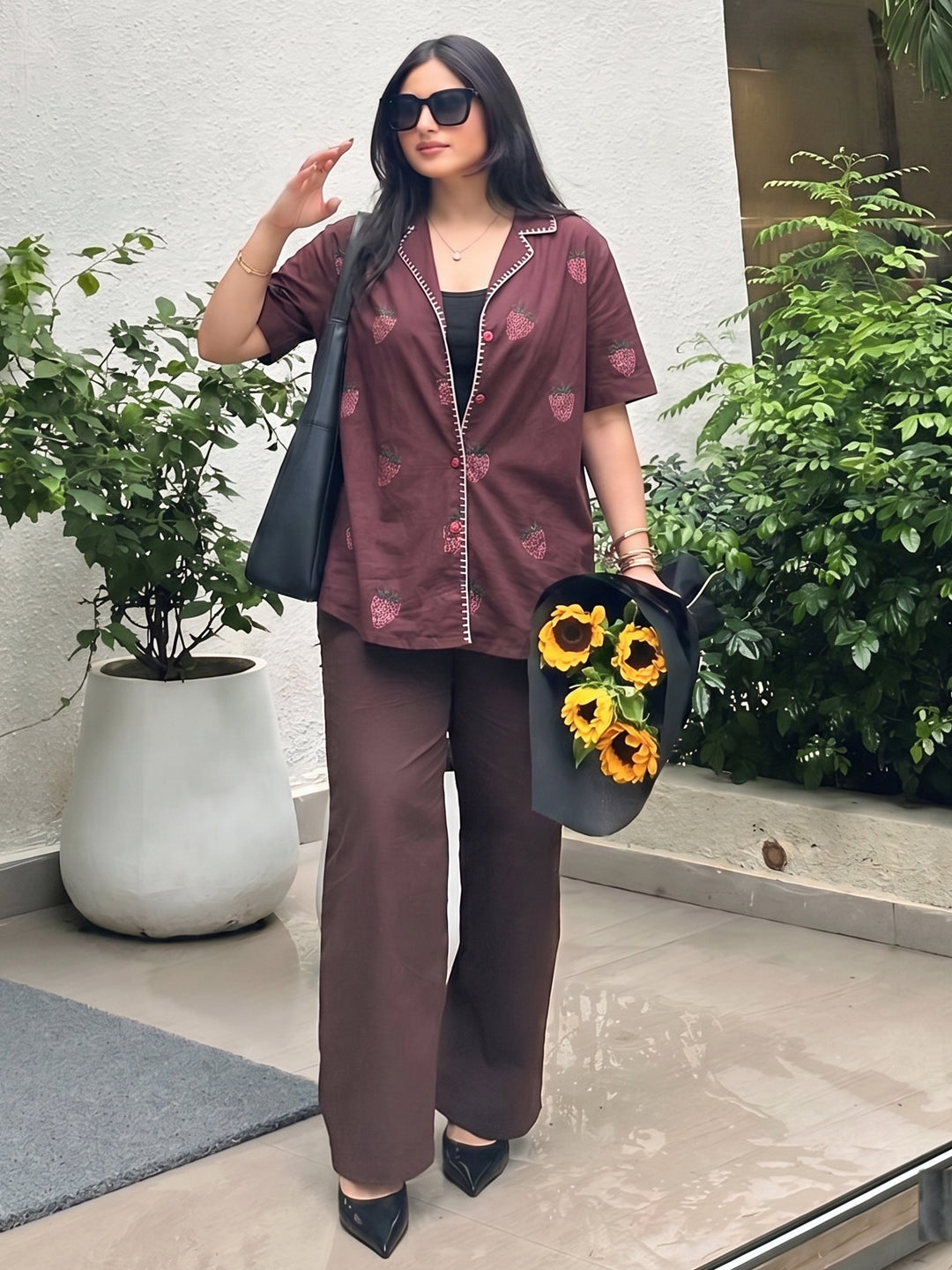 Coffee Cotton Printed Summer Shirt with Short Sleeves For Women