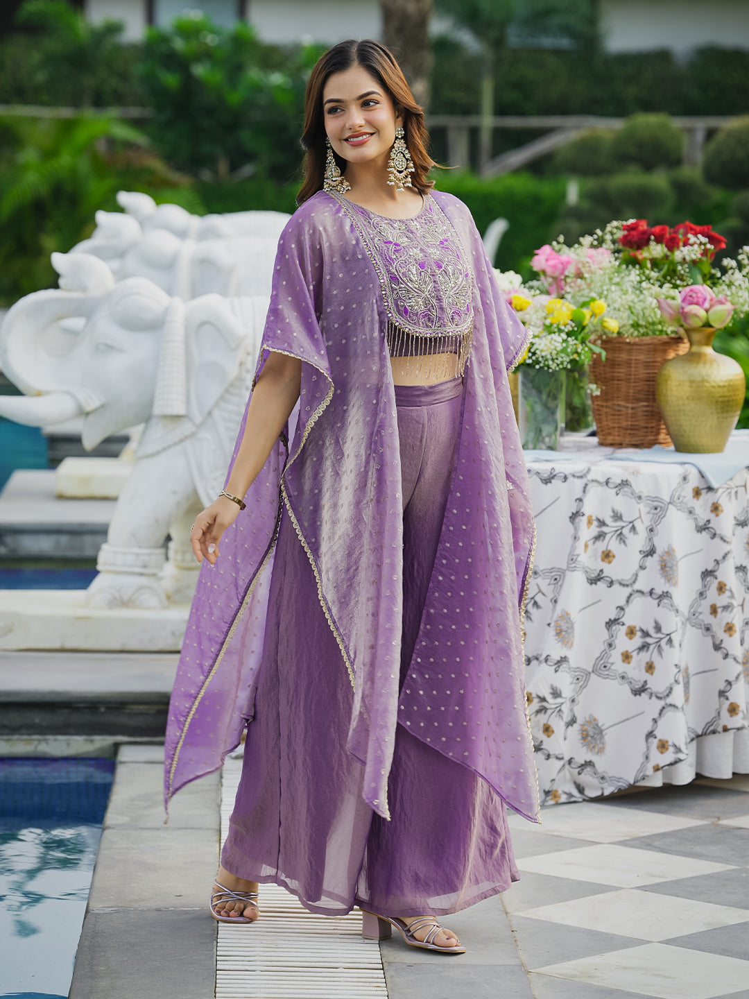 Women’s Purple Silk Handwork Shrug Palazzo Set