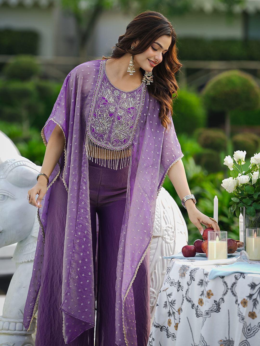 Women’s Purple Silk Handwork Shrug Palazzo Set