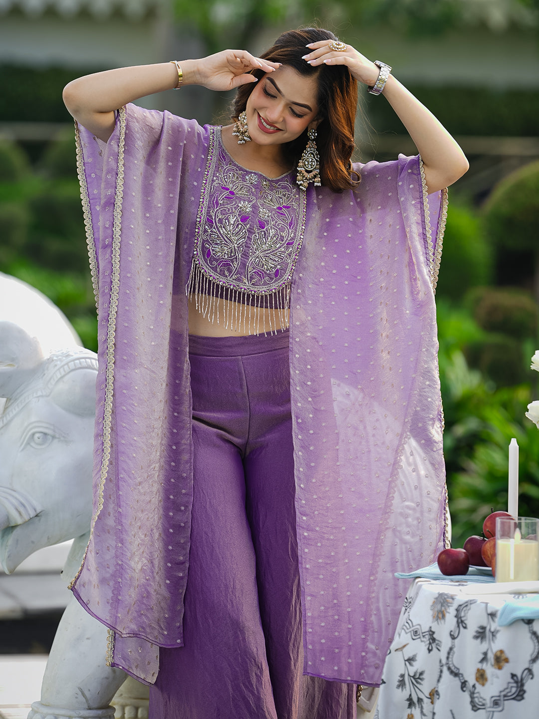 Women’s Purple Silk Handwork Shrug Palazzo Set