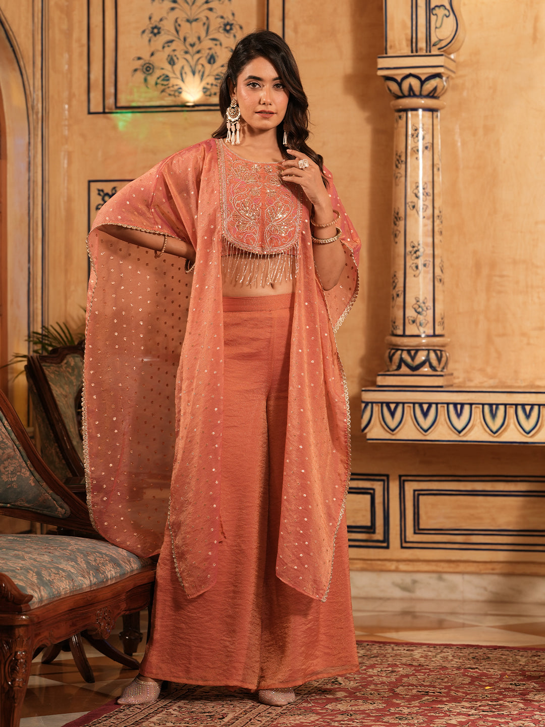 Women’s Pink Silk Embroidered Ethnic Shrug Palazzo Set